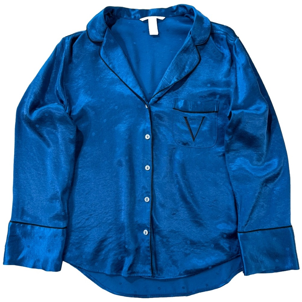 Victoria's Secret Sleep Shirt Teal Dot Button Pajama Top Long Sleeve READ*